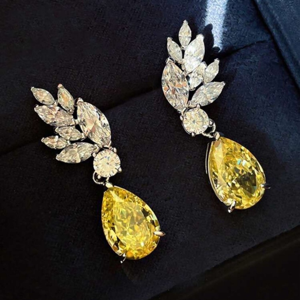Nwt 1 Pair Elegant Yellow Citrine Cubic Zirconia Dangle Drop Earrings For Women